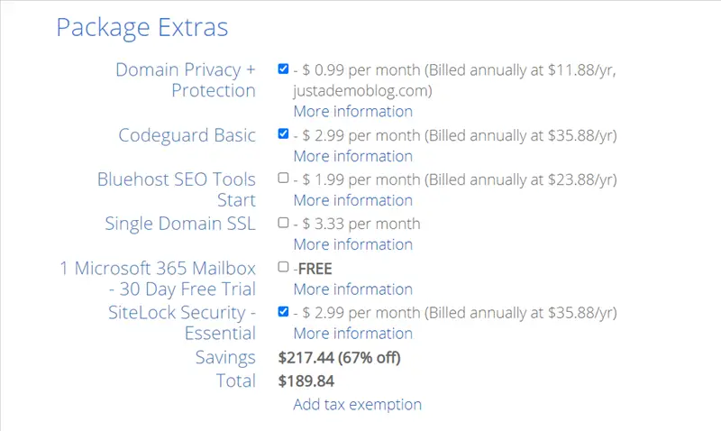 Bluehost extras