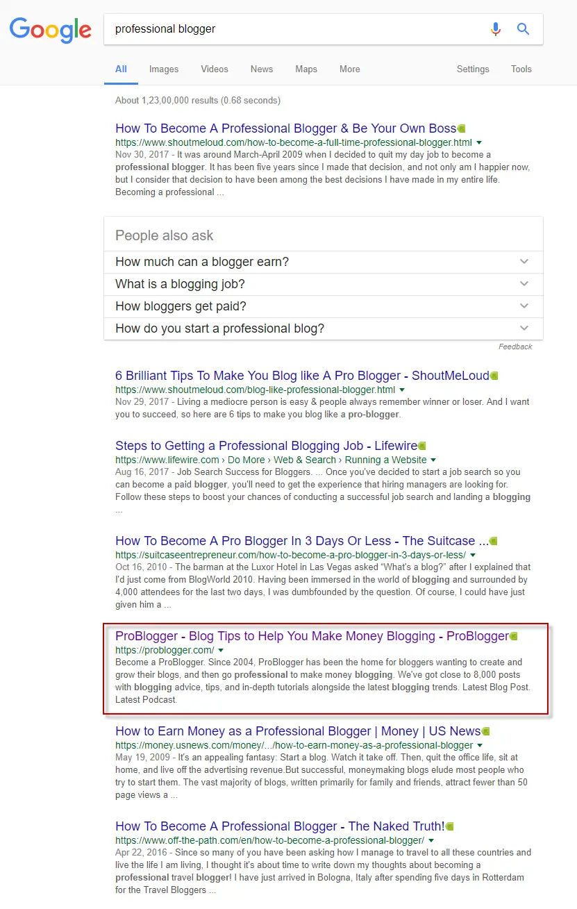 Problogger shown in search results for search “professional blogger”
