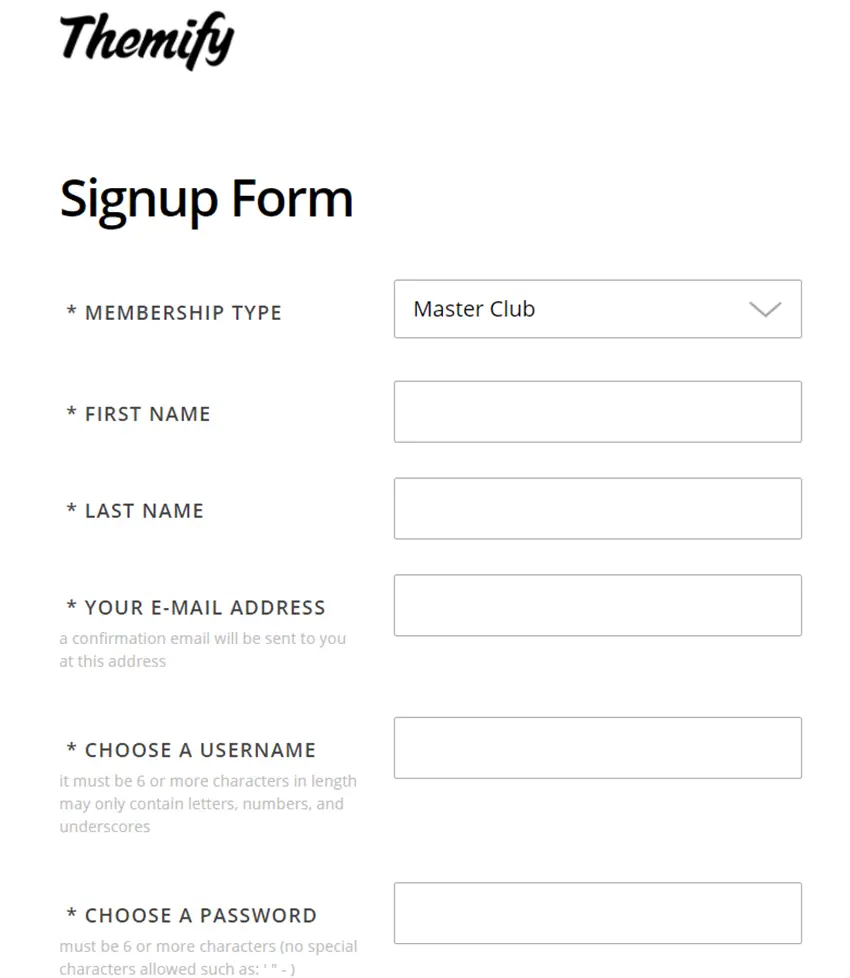Themify sign up page
