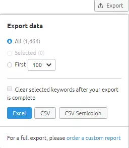 Export data feature available at positions section at semrush organic research tool