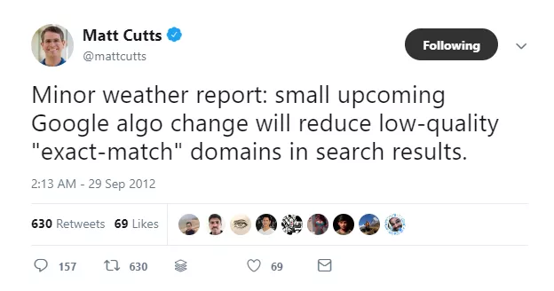 Matt cutts tweet on google algorithms to penalize exact matching domains