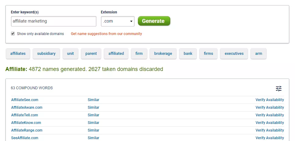 Namestation domain name generator for keyword affiliate marketing